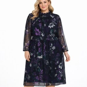 PENN Penningtons 4X Black Purple Floral Mesh Midi Dress Smocked Sheer Sleeve
